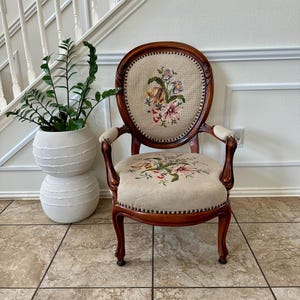 Victorian Antiqued Needle Petit Point Walnut Chair | Vintage Louis XV Style Parlor Chair