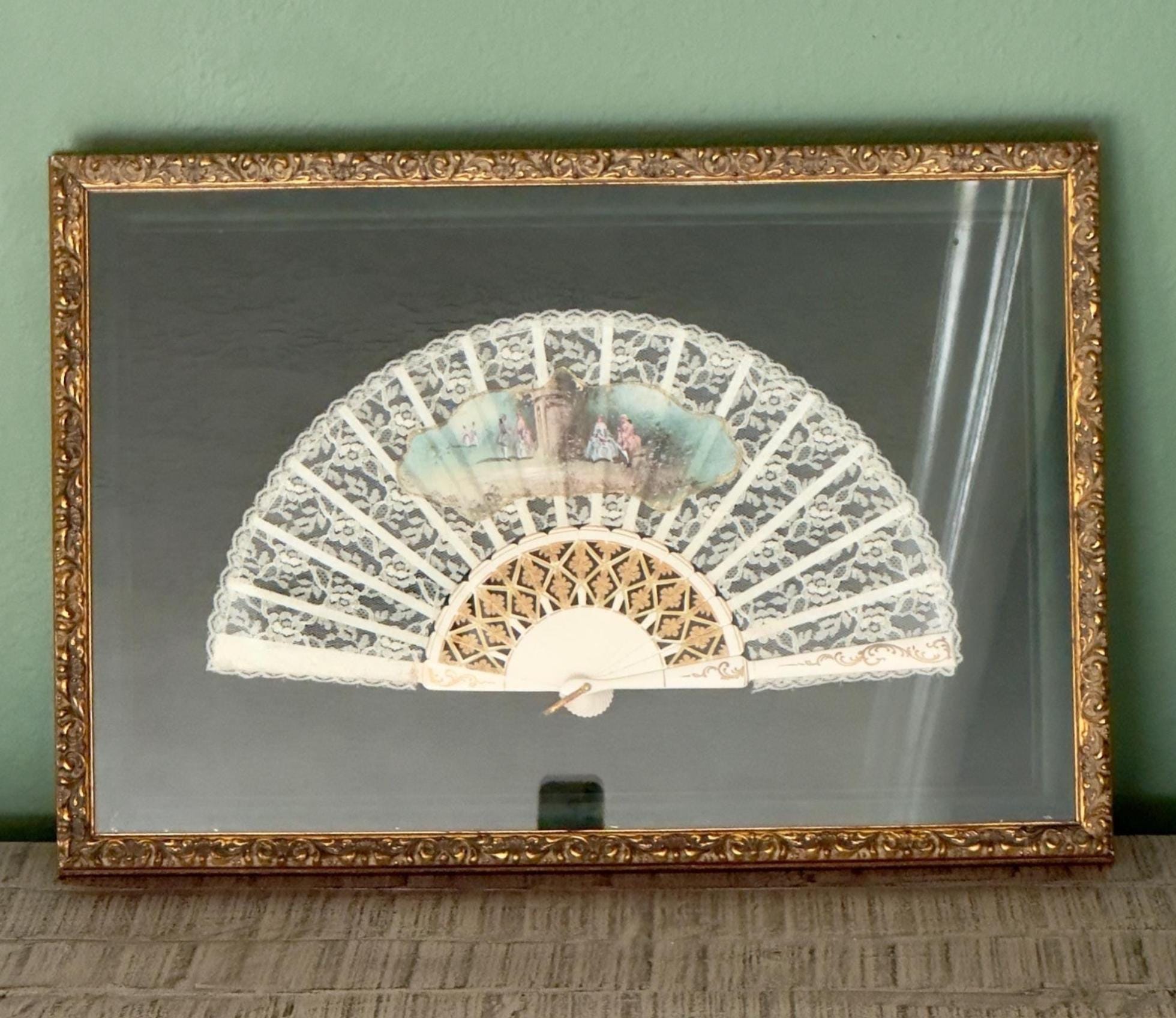 Vintage Hand Painted Victorian Fan Shadow Box | Green Velvet