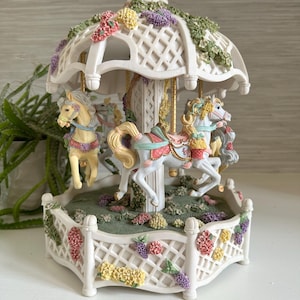 Rare Limited Edition SF Music Box Co. Musical Carousel “English Garden”  | Large Four Horses Carousel with Flowers Canopy and Base
