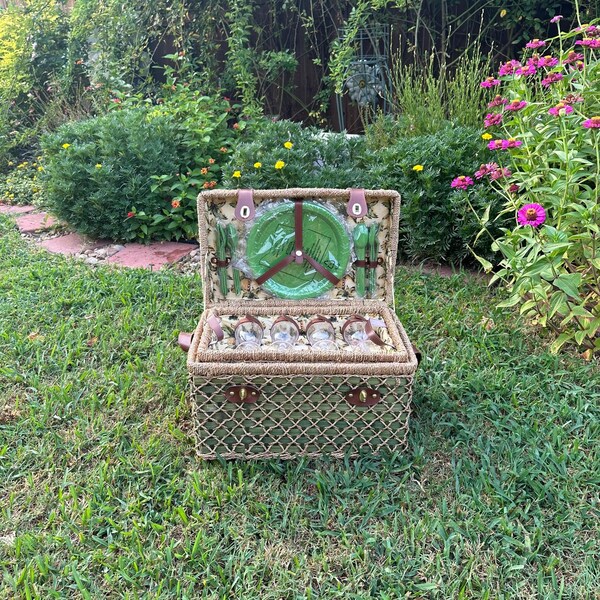 Vintage Large Sage Green Bamboo and Sea Grass Picnic Basket  for 4 | Never Used Picnic Hamper with Thick Leather Shoulder Strap and Utensils