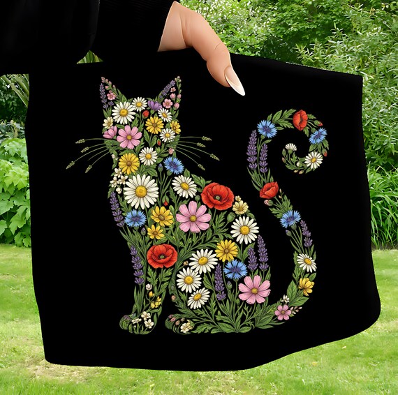 Boho Cat Plants PNG, Floral Cat PNG, Botanical Cat Shirt Design, Wildflower Cat Graphic, Nature Lover Sublimation, Digital Download