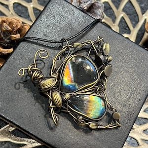 Double Labradorite Butterfly Pendant Necklace  Handcrafted Copper Wire Wrapped Jewelry  Unique Boho Artisan Gemstone Gift for Her