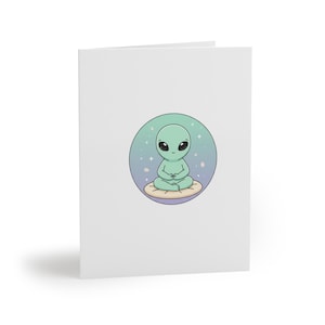Meditating Alien Greeting Cards, Cosmic Stationery Set, Zen Outer Space Cards, Spiritual Alien Art, Pack of 8 Cards with Envelopes.