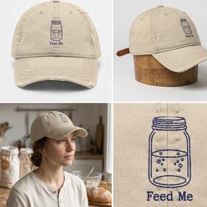 Gorro bordado con diseño desgastado de masa madre - Gorro de papá panadero artesanal - Regalo minimalista para panaderos - Regalo de masa madre con estética cottagecore