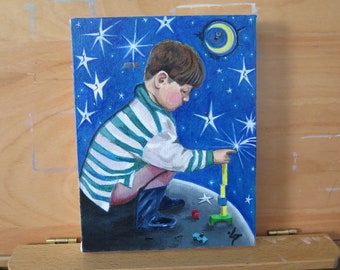 Little Prince original painting, Small whimsical acrylic Painting, Original Acrylic Painting on Canvas small boy playing