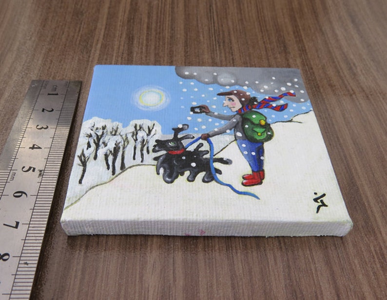 Small Acrylic Original Painting on Tiny Canvas White Winter Painting Shooting the beautiful day Christmas Gift image 4