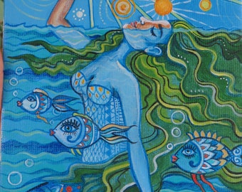 Woman energetic whimsical painting, Naive art original painting woman in sea, woman sun sea painting