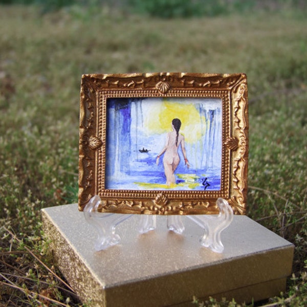 Original Miniature Painting-Nude Surealism Dollhouse Scale Artwork- Tiny Woman Painting for Doll House Decor