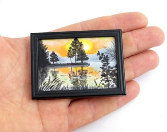 Landscape Dollhouse Miniature Original Painting, Art Collection, Tiny Painting, Nature painting, Sunset