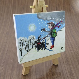 Small Acrylic Original Painting on Tiny Canvas White Winter Painting Shooting the beautiful day Christmas Gift image 3