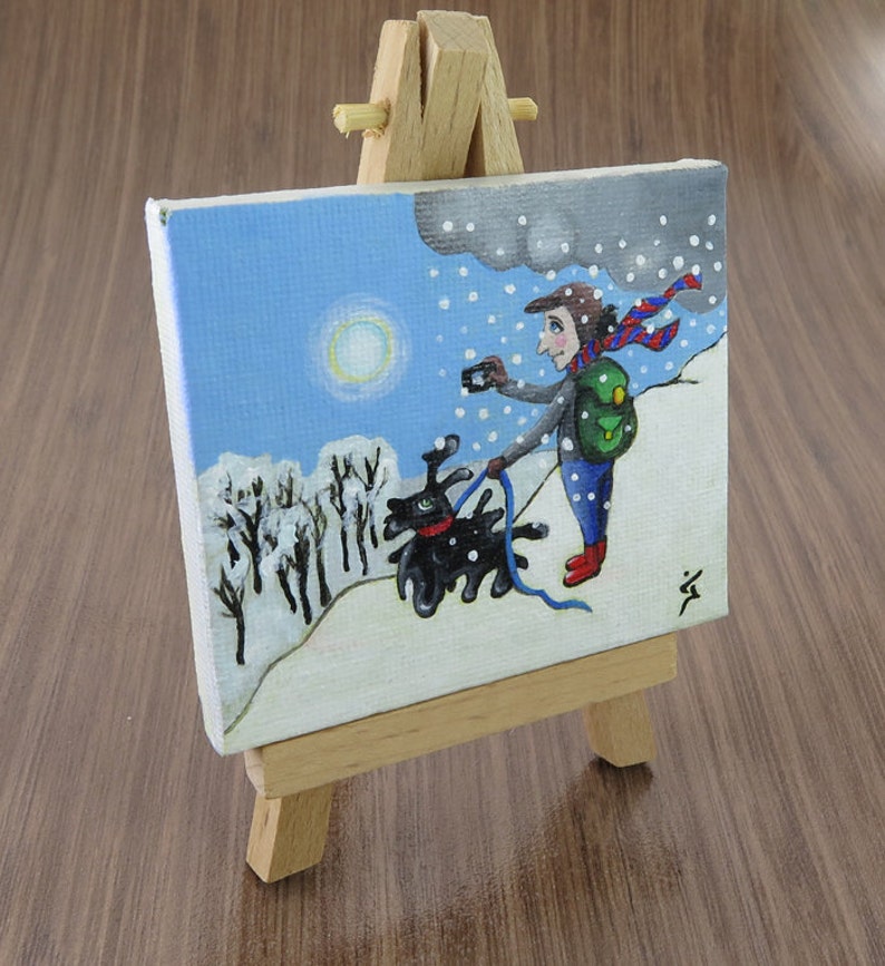 Small Acrylic Original Painting on Tiny Canvas White Winter Painting Shooting the beautiful day Christmas Gift image 3