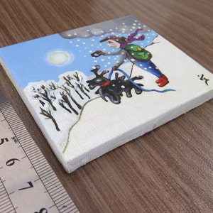 Small Acrylic Original Painting on Tiny Canvas White Winter Painting Shooting the beautiful day Christmas Gift image 5