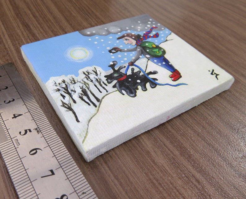 Small Acrylic Original Painting on Tiny Canvas White Winter Painting Shooting the beautiful day Christmas Gift image 5