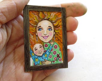 Miniature Original Acrylic Painting, Miniature Art, Collectable Painting, Mother and Child, Dollhouse Miniature, Tiny art, Dright Painting