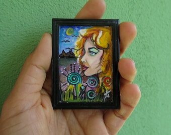 SALE! Colorful woman portrait, Original miniature painting, Original Tiny Artwork, Dollhouse Miniature Painting, Acrylic Surrealism