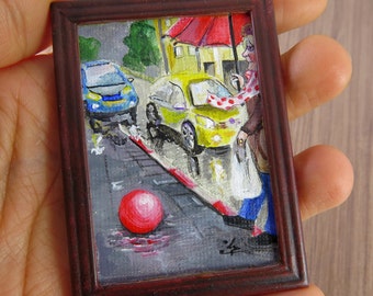 Original Miniature Painting, Framed miniature painting, dollhouse painting, art miniature, red ball painting, autumn miniature, raining day