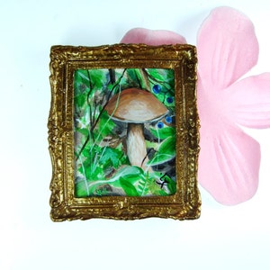 Dollhouse mushroom miniature painting, Miniature Original Acrylic Painting, NOT A PRINT, Collectable miniature, Mushroom Painting image 3