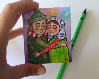 Loving couple original miniature painting, Small Original Painting on Canvas, He and She miniature, Couple small painting