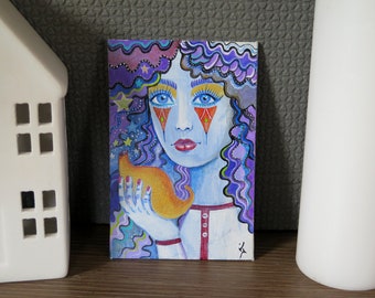 Small colorful woman portrait, whimsical Acrylic Painting, Stylized Woman dot painting, Small woman painting purple mandala