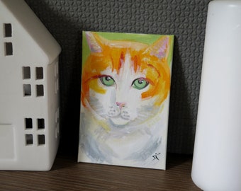 Raw cat painting on canvas board, Original colorful ginger cat painting, Acrylic Painting Stylized cat Portrait, Small orange cat painting