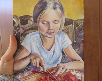 Girl portrait with tomatoes original painting, art by artist original painting, summer painting