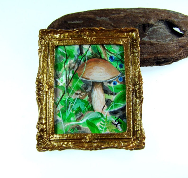 Dollhouse mushroom miniature painting, Miniature Original Acrylic Painting, NOT A PRINT, Collectable miniature, Mushroom Painting image 4