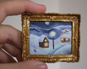 SALE! Original Miniature Winter Oil Painting, Miniature Christmas painting, Snowy winter miniature, Christmas for Dollhouse or Collection