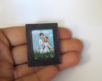 Couple in field miniature painting, ORIGINAL Miniature Acrylic Painting for Dollhouse or Collection, Tiny miniature painting couple