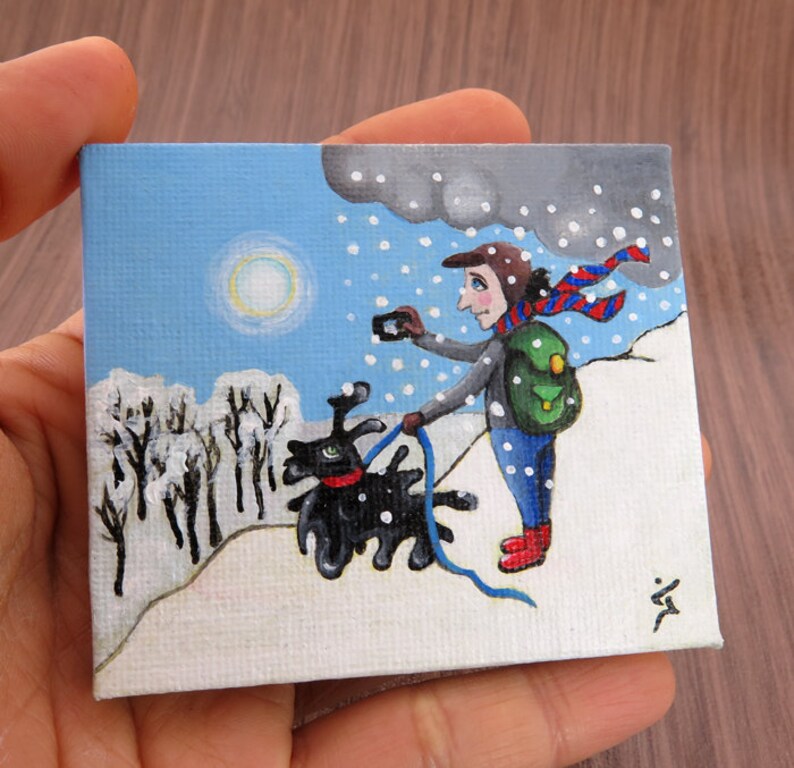 Small Acrylic Original Painting on Tiny Canvas White Winter Painting Shooting the beautiful day Christmas Gift image 1