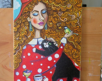 Original acrylic painting Woman with cat and tit bird Portrait OOAK art