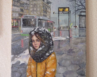 Winter bus station Woman Portrait Original Acrylic Painting