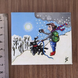 Small Acrylic Original Painting on Tiny Canvas White Winter Painting Shooting the beautiful day Christmas Gift image 2