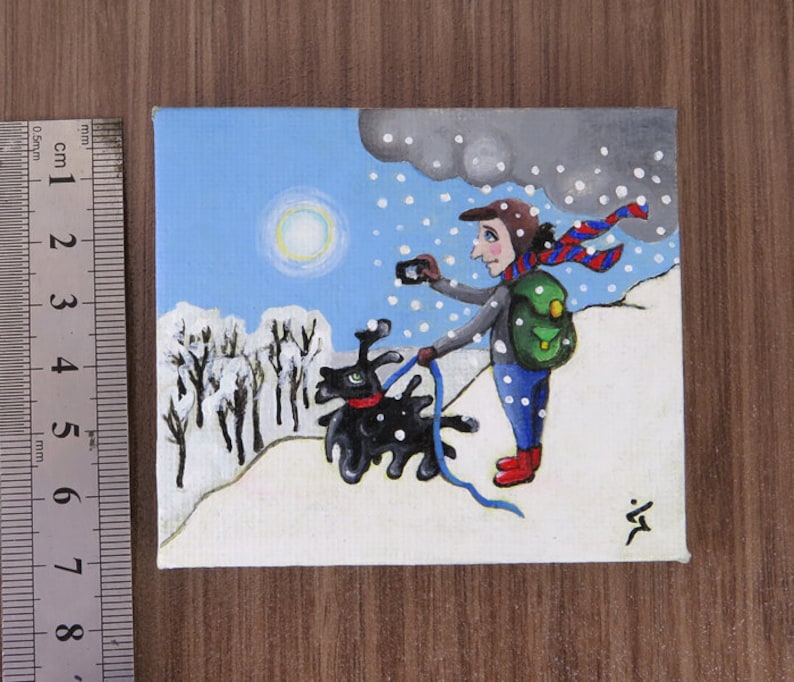 Small Acrylic Original Painting on Tiny Canvas White Winter Painting Shooting the beautiful day Christmas Gift image 2