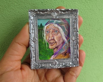 Old Woman Miniature Acrylic Original Painting , Grandmother miniature, Old woman miniature framed dollhouse painting