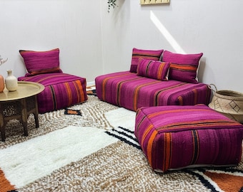 Moroccan Kilim Floor Couch Set, Red Vintage Cushions, Unstuffed Covers