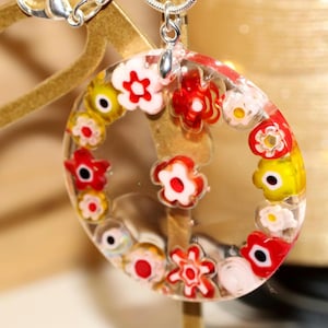 Bright Sterling Silver Necklace w/ Millefiori Lampwork in Resin Pendant | Murano Glass | Great Gift For Her