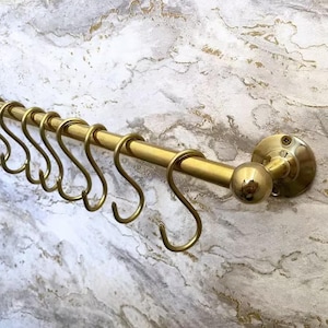 Unlacquered Brass Pot Rail with S Hooks – Wall Mounted Kitchen Rack, Brass Pot Organizer, Hanging Utensil Rail