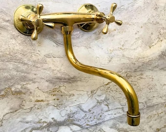 Unlacquered Brass Wall Mount Faucet: Rustic Cross Handle Bath Fixture