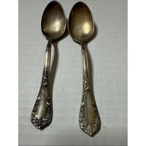 May include: Two antique silver spoons with ornate grape and leaf designs on the handles. The spoons have oval bowls and are displayed on a light gray surface. The spoons are likely vintage or antique.
