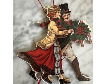 Wooden Pull String Ornament,Vintage Skating Couple Christmas Ornament 1960s,Taiw
