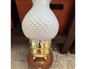 Vintage Milk Glass Hobnail Wall Sconce Lamp Plug In Wood Brass MCM Colonial