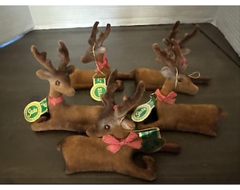 VIntage STATS Flocked Reindeer Ornament With Glass Eyes Red Bow Lying Deer-5