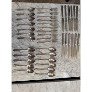 May include: A large set of silver-toned stainless steel flatware including dinner knives, dinner forks, and spoons. The utensils feature a simple, polished design with a subtle decorative pattern on the handles, arranged in organized rows on a surface.