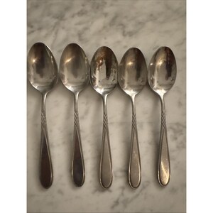 May include: Five silver spoons arranged in a row. Each spoon has an oval bowl and a long handle with a decorative etched design. The spoons are reflective, showing the surrounding environment.