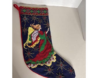 Christmas Stocking Red & Blue Sparkly Beads Beading 18" Angel Holiday.