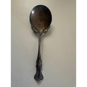 May include: A tarnished silver-toned serving spoon featuring an ornate, embossed floral and vine pattern along the handle and the base of the bowl. The metal surface shows significant dark oxidation and patina throughout the entire piece.