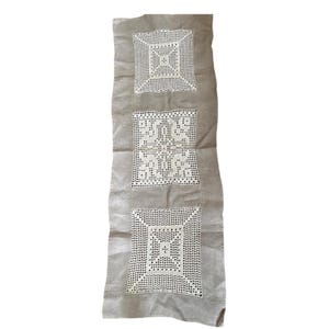 Vintage Linen Table Runner with Crochet Lace Insets Oatmeal Neutral 13x38
