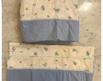 Vintage Sears Roebuck Blue Floral Full Flat Sheet 2 Pillowcases Cotton Muslin