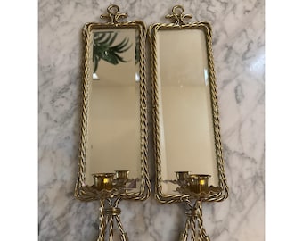 Vintage Brass Mirrored Wall Sconces Pair Twisted Rope Tassel Hollywood Regency