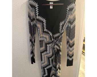 VTG Cache Faux Wrap Dress Geometric Chevron Long Sleeve Black Grey SZ M USA